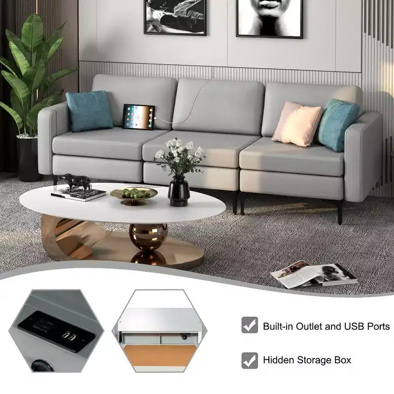 Costway Modular 3-Seat Sofa Couch w/ Socket USB Ports & Side Storage Pocket