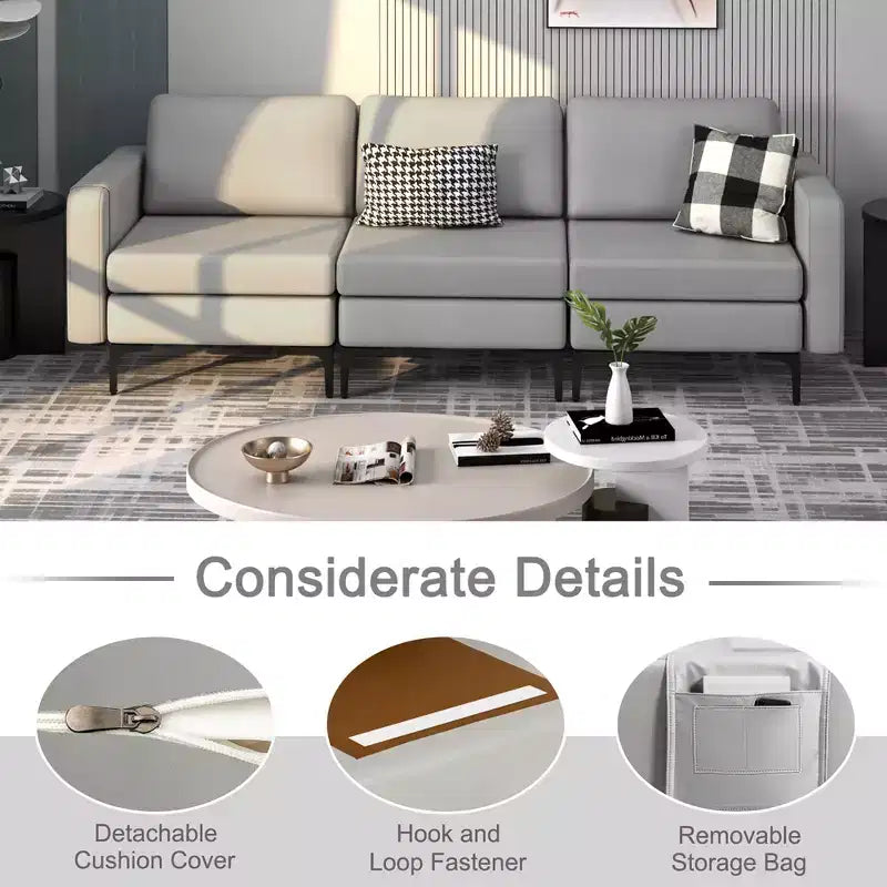 Costway Modular 3-Seat Sofa Couch w/ Socket USB Ports & Side Storage Pocket