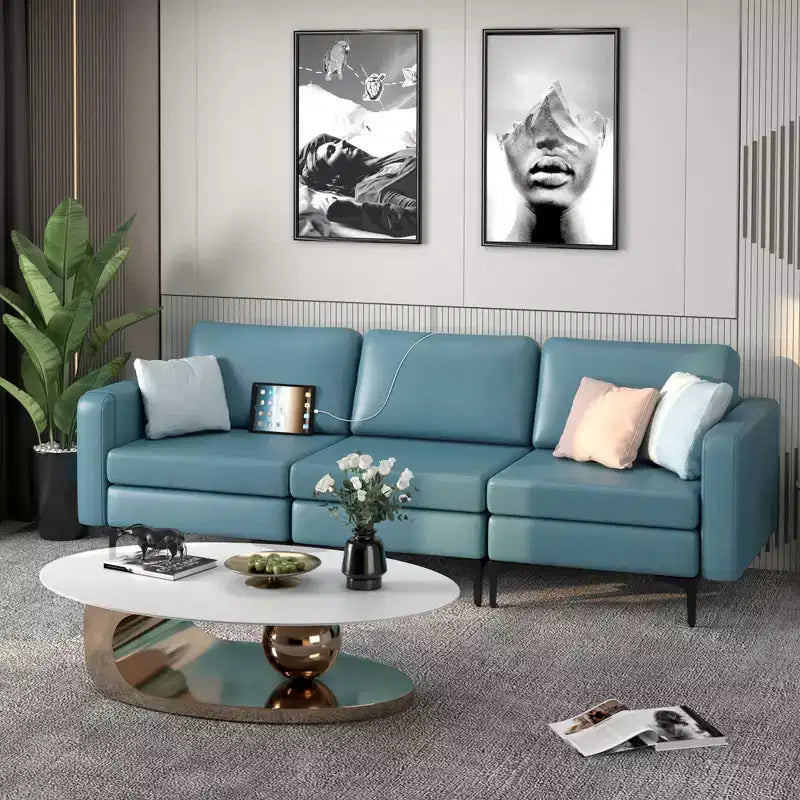 Costway Modular 3-Seat Sofa Couch w/ Socket USB Ports & Side Storage Pocket
