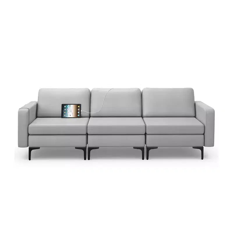 Costway Modular 3-Seat Sofa Couch w/ Socket USB Ports & Side Storage Pocket