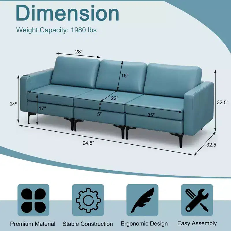 Costway Modular 3-Seat Sofa Couch w/ Socket USB Ports & Side Storage Pocket