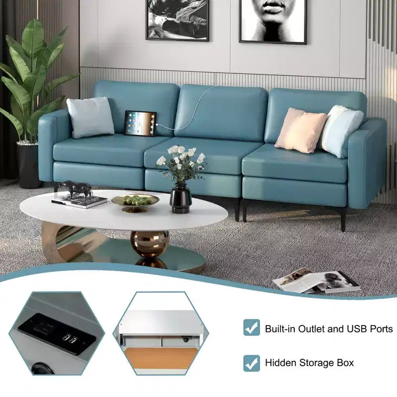 Costway Modular 3-Seat Sofa Couch w/ Socket USB Ports & Side Storage Pocket
