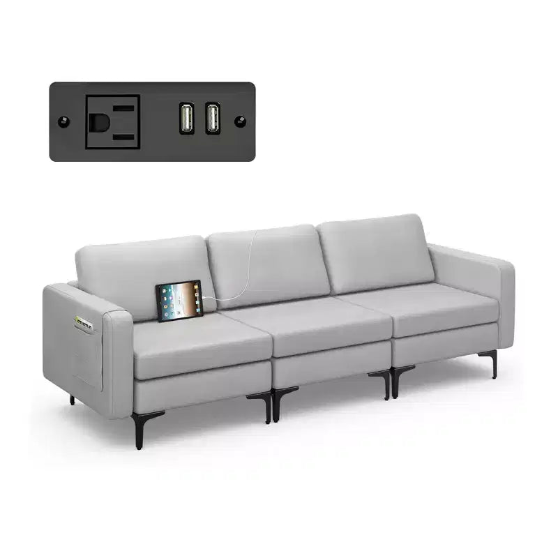 Sofá modular Costway de 3 plazas con tomas USB y bolsillo de almacenamiento lateral