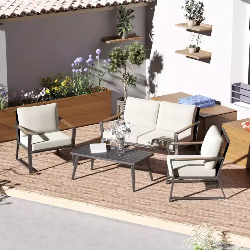 Conjunto de Muebles de Patio de 4 Piezas Outsunny, Juego de Conversación de Aluminio, Juego de Sofás de Jardín para Exteriores con Sillones, Sofá Biplaza, Mesa de Centro y Cojines