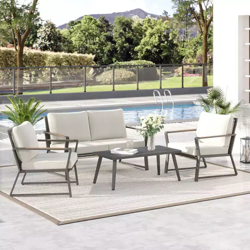Conjunto de Muebles de Patio de 4 Piezas Outsunny, Juego de Conversación de Aluminio, Juego de Sofás de Jardín para Exteriores con Sillones, Sofá Biplaza, Mesa de Centro y Cojines