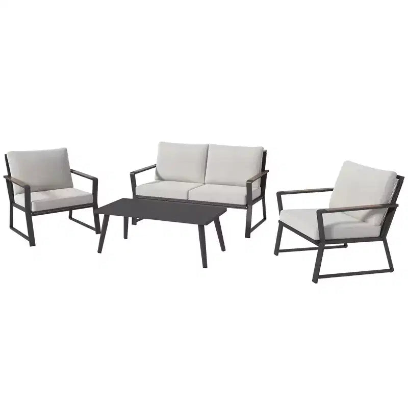 Conjunto de Muebles de Patio de 4 Piezas Outsunny, Juego de Conversación de Aluminio, Juego de Sofás de Jardín para Exteriores con Sillones, Sofá Biplaza, Mesa de Centro y Cojines