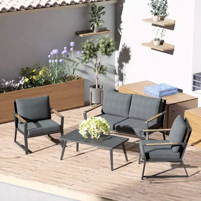 Conjunto de Muebles de Patio de 4 Piezas Outsunny, Juego de Conversación de Aluminio, Juego de Sofás de Jardín para Exteriores con Sillones, Sofá Biplaza, Mesa de Centro y Cojines