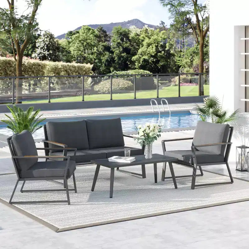 Conjunto de Muebles de Patio de 4 Piezas Outsunny, Juego de Conversación de Aluminio, Juego de Sofás de Jardín para Exteriores con Sillones, Sofá Biplaza, Mesa de Centro y Cojines