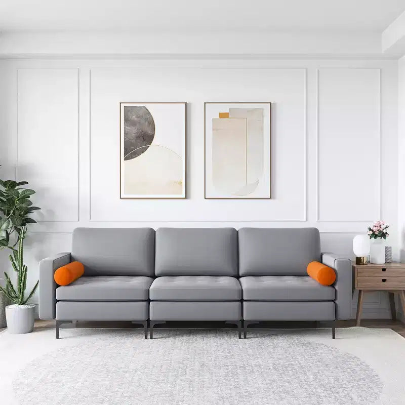 Costway Modern Modular 3-Seat Sofa Couch w/ Side Storage Pocket & Metal Leg Ash Grey