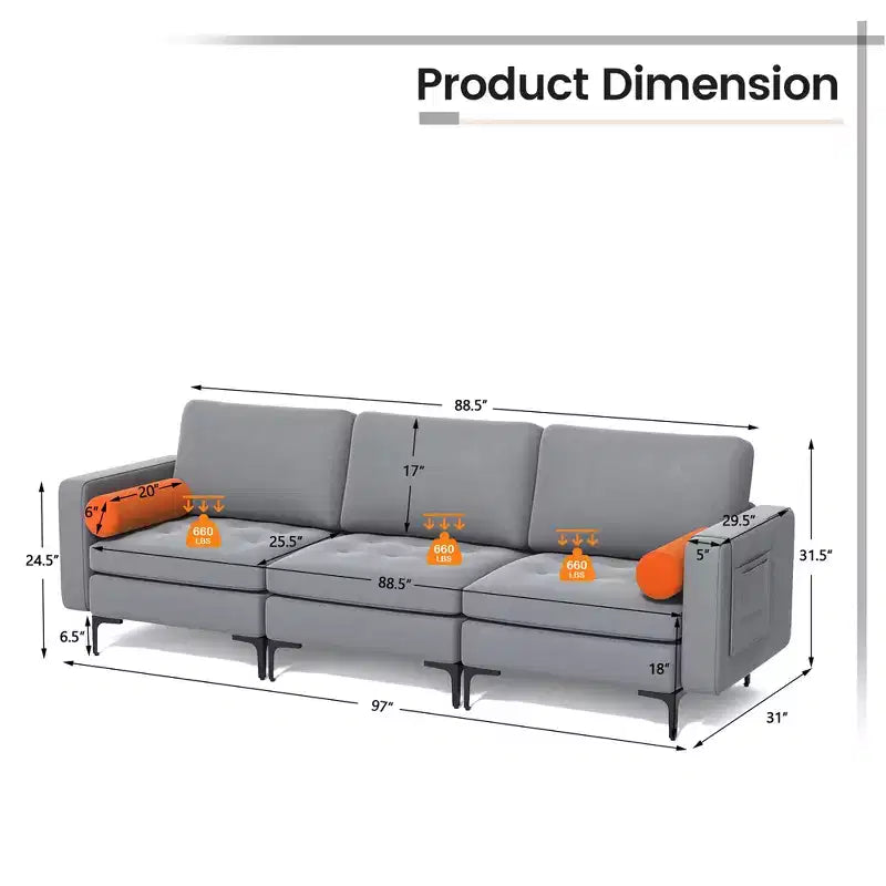 Costway Modern Modular 3-Seat Sofa Couch w/ Side Storage Pocket & Metal Leg Ash Grey
