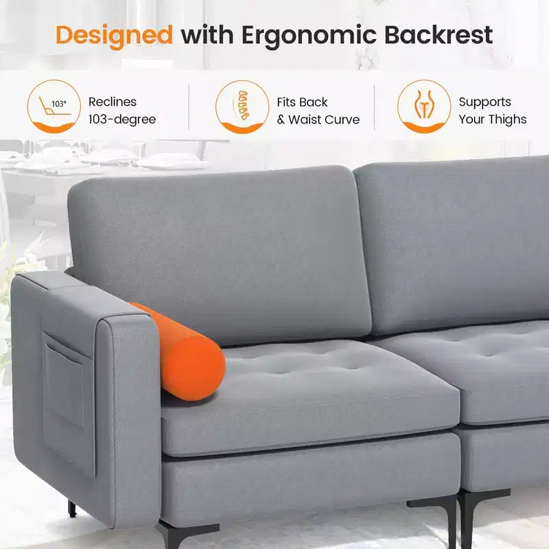 Costway Modern Modular 3-Seat Sofa Couch w/ Side Storage Pocket & Metal Leg Ash Grey