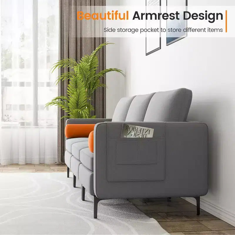 Costway Modern Modular 3-Seat Sofa Couch w/ Side Storage Pocket & Metal Leg Ash Grey
