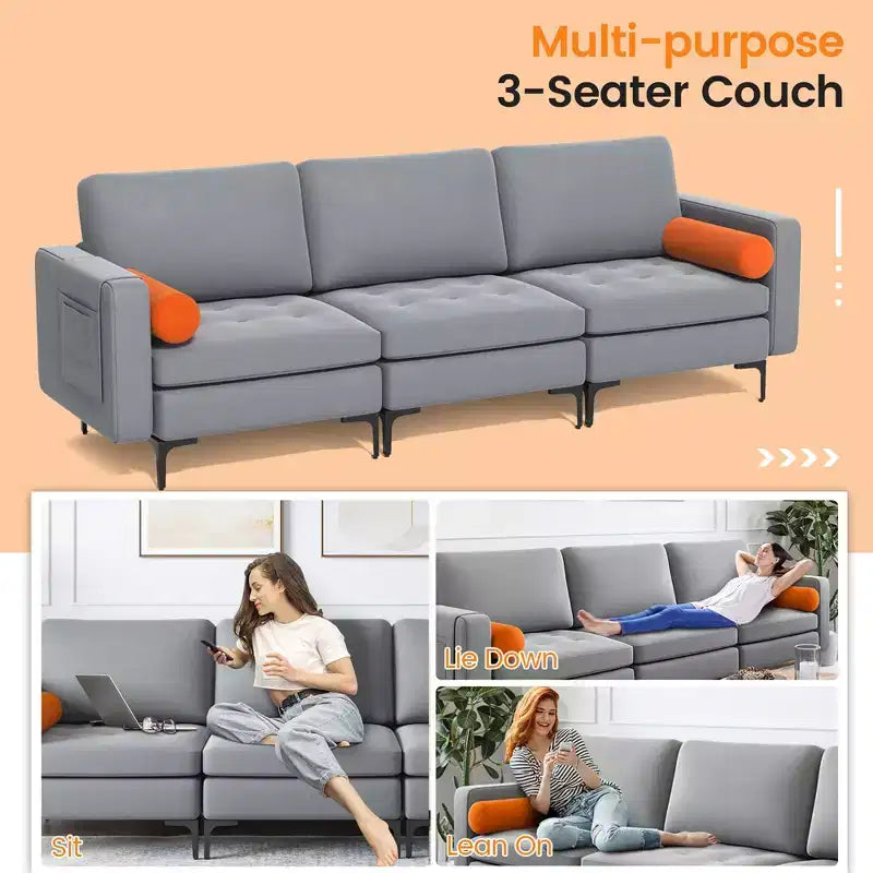 Costway Modern Modular 3-Seat Sofa Couch w/ Side Storage Pocket & Metal Leg Ash Grey