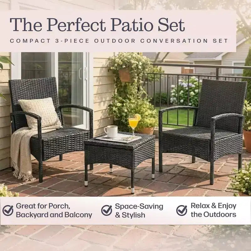 Juego de muebles para patio exterior, combo de asientos de ratán de 3 piezas con 2 sillas y mesa para terraza, balcón o porche delantero de Lavish Home (gris)