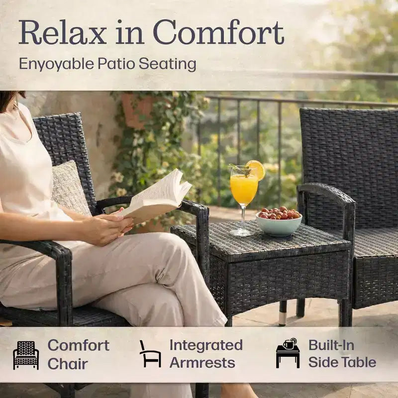 Juego de muebles para patio exterior, combo de asientos de ratán de 3 piezas con 2 sillas y mesa para terraza, balcón o porche delantero de Lavish Home (gris)