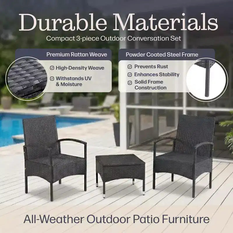 Juego de muebles para patio exterior, combo de asientos de ratán de 3 piezas con 2 sillas y mesa para terraza, balcón o porche delantero de Lavish Home (gris)