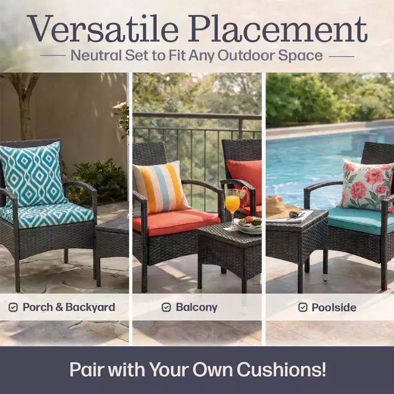 Juego de muebles para patio exterior, combo de asientos de ratán de 3 piezas con 2 sillas y mesa para terraza, balcón o porche delantero de Lavish Home (gris)