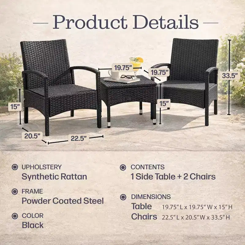 Juego de muebles para patio exterior, combo de asientos de ratán de 3 piezas con 2 sillas y mesa para terraza, balcón o porche delantero de Lavish Home (gris)