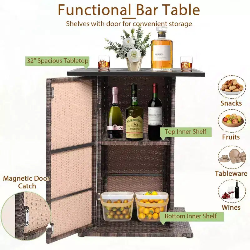 Costway Juego de Bar de Ratán para Patio de 5 Piezas con Mesa, Taburetes, Estante de Almacenamiento Oculto y Cojines