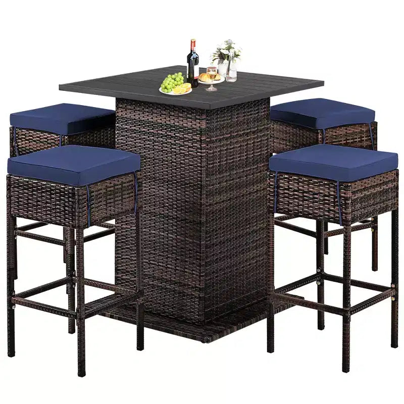 Costway Juego de Bar de Ratán para Patio de 5 Piezas con Mesa, Taburetes, Estante de Almacenamiento Oculto y Cojines