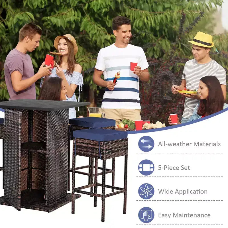 Costway Juego de Bar de Ratán para Patio de 5 Piezas con Mesa, Taburetes, Estante de Almacenamiento Oculto y Cojines