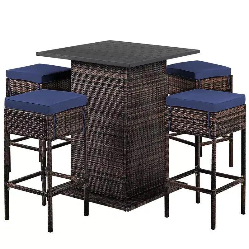 Costway Juego de Bar de Ratán para Patio de 5 Piezas con Mesa, Taburetes, Estante de Almacenamiento Oculto y Cojines