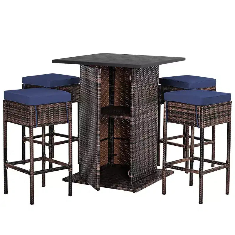 Costway Juego de Bar de Ratán para Patio de 5 Piezas con Mesa, Taburetes, Estante de Almacenamiento Oculto y Cojines
