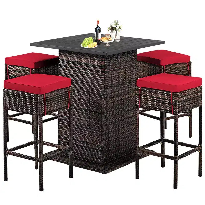 Costway Juego de Bar de Ratán para Patio de 5 Piezas con Mesa, Taburetes, Estante de Almacenamiento Oculto y Cojines
