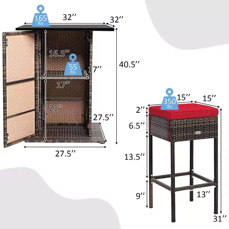 Costway Juego de Bar de Ratán para Patio de 5 Piezas con Mesa, Taburetes, Estante de Almacenamiento Oculto y Cojines