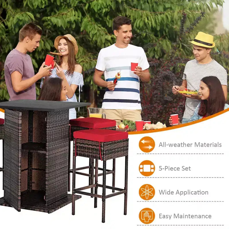 Costway Juego de Bar de Ratán para Patio de 5 Piezas con Mesa, Taburetes, Estante de Almacenamiento Oculto y Cojines
