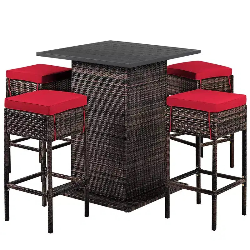 Costway Juego de Bar de Ratán para Patio de 5 Piezas con Mesa, Taburetes, Estante de Almacenamiento Oculto y Cojines