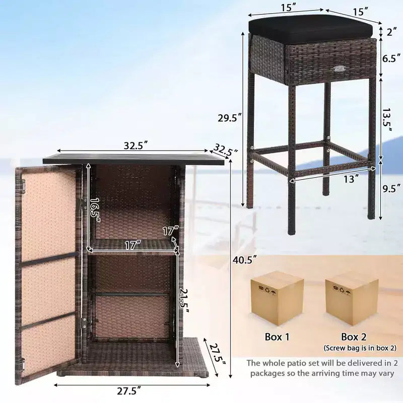 Costway Juego de Bar de Ratán para Patio de 5 Piezas con Mesa, Taburetes, Estante de Almacenamiento Oculto y Cojines