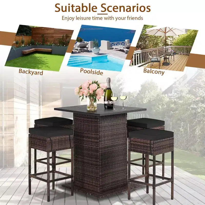 Costway Juego de Bar de Ratán para Patio de 5 Piezas con Mesa, Taburetes, Estante de Almacenamiento Oculto y Cojines
