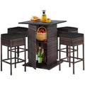 Costway 5PCS Patio Rattan Bar Table Stool Set Hidden Storage Shelf Cushioned