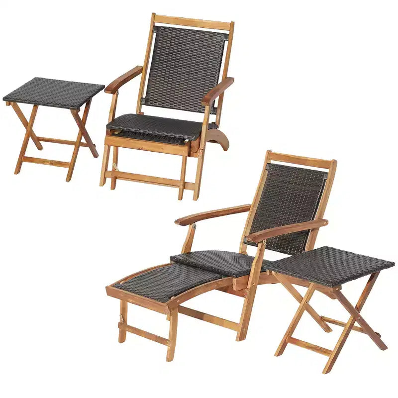 Costway 4PCS Patio Rattan Folding Lounge Chair Table Acacia Wood withRetractable Footrest