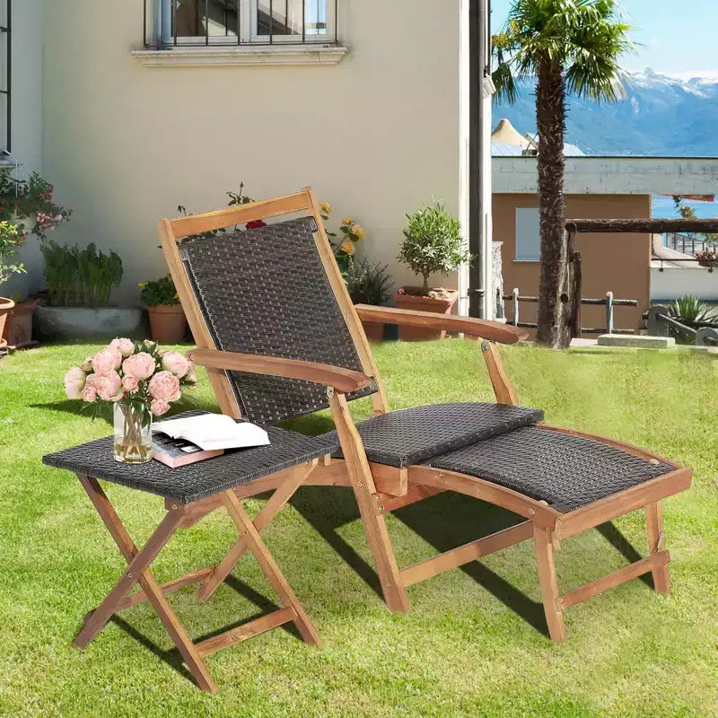 Costway 4PCS Patio Rattan Folding Lounge Chair Table Acacia Wood withRetractable Footrest