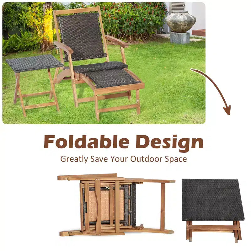 Costway 4PCS Patio Rattan Folding Lounge Chair Table Acacia Wood withRetractable Footrest