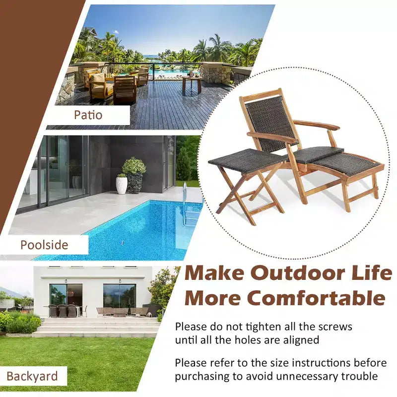 Costway 4PCS Patio Rattan Folding Lounge Chair Table Acacia Wood withRetractable Footrest