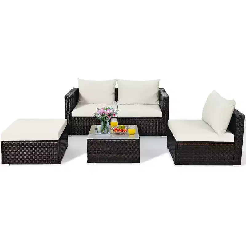 Costway Juego de Muebles de Patio de Ratán de 5 Piezas Sofá Seccional de Conversación Blanco Roto