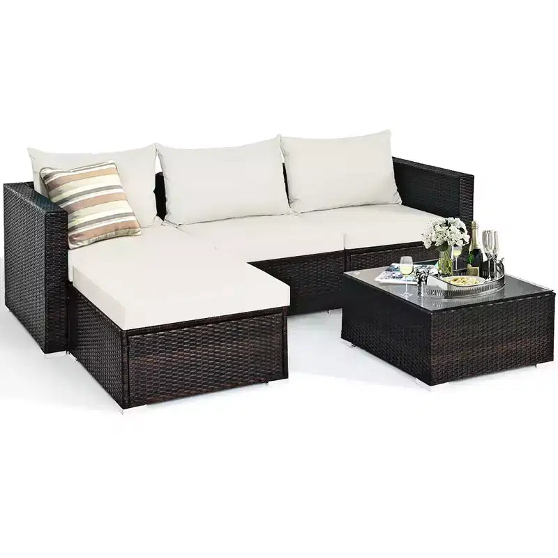 Costway Juego de Muebles de Patio de Ratán de 5 Piezas Sofá Seccional de Conversación Blanco Roto