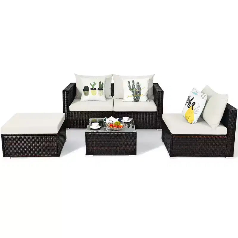 Costway Juego de Muebles de Patio de Ratán de 5 Piezas Sofá Seccional de Conversación Blanco Roto