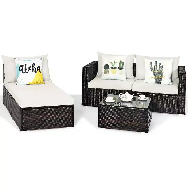 Costway Juego de Muebles de Patio de Ratán de 5 Piezas Sofá Seccional de Conversación Blanco Roto