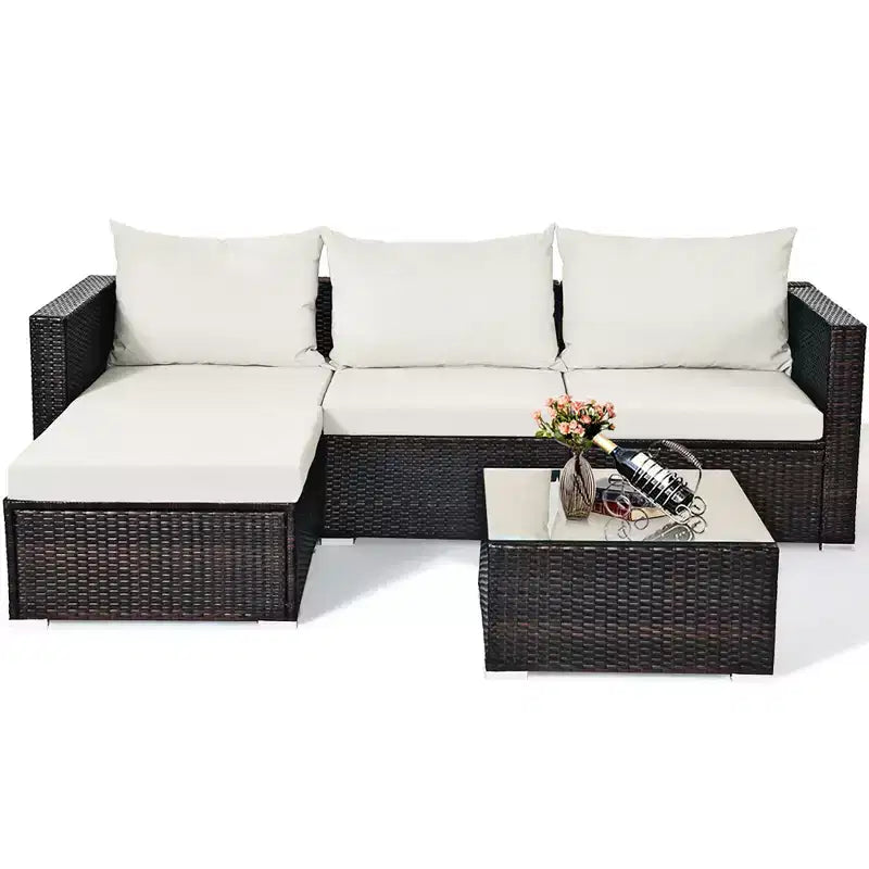 Costway Juego de Muebles de Patio de Ratán de 5 Piezas Sofá Seccional de Conversación Blanco Roto
