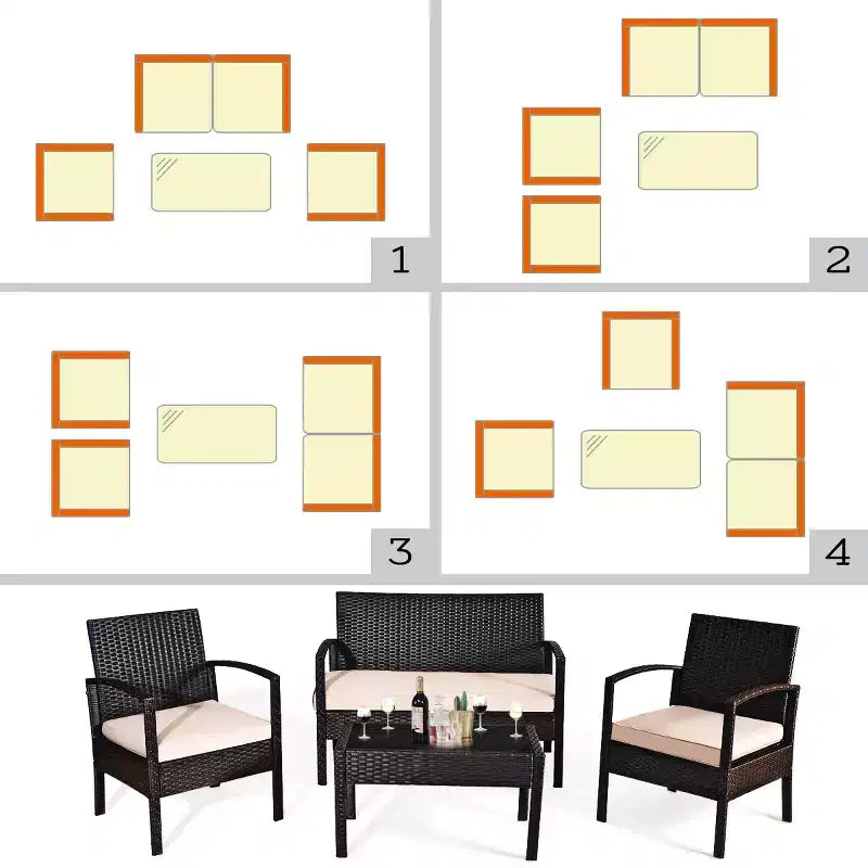 Juego de muebles de conversación de ratán para patio Costway de 4 piezas con asiento acolchado y mesa de cristal