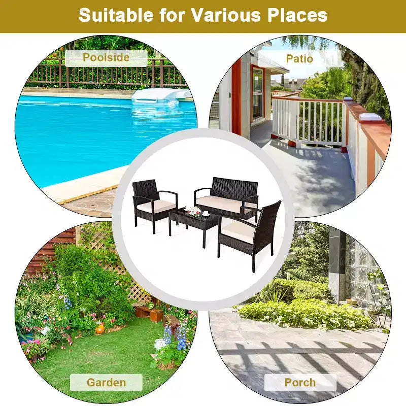 Juego de muebles de conversación de ratán para patio Costway de 4 piezas con asiento acolchado y mesa de cristal
