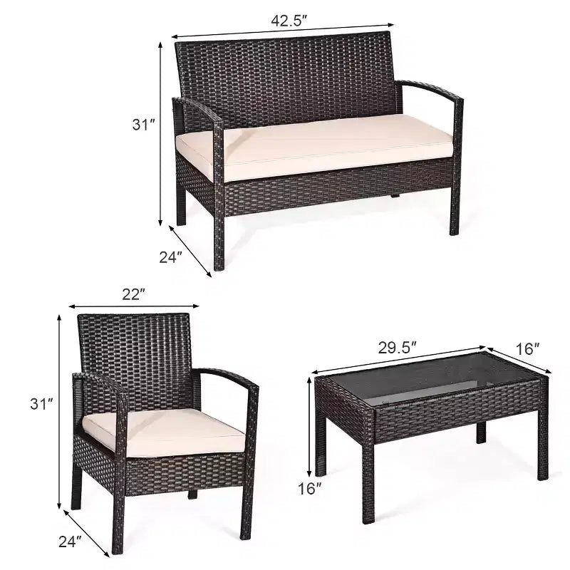 Juego de muebles de conversación de ratán para patio Costway de 4 piezas con asiento acolchado y mesa de cristal