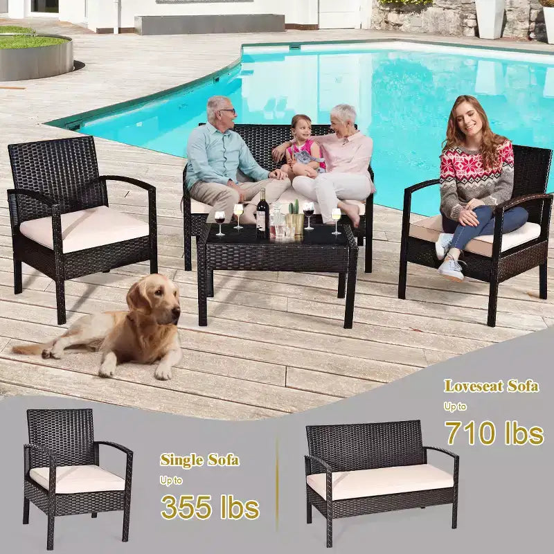 Juego de muebles de conversación de ratán para patio Costway de 4 piezas con asiento acolchado y mesa de cristal