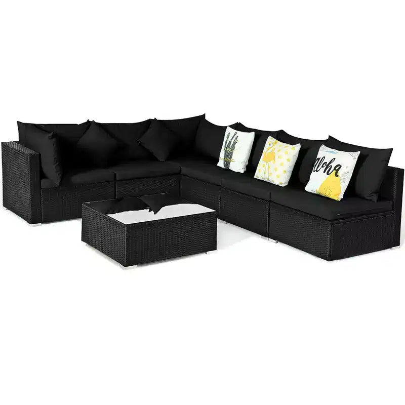 Costway Conjunto de Sofás de Ratán para Patio de 7 Piezas, Juego de Muebles Seccionales para Conversación de Jardín, Negro