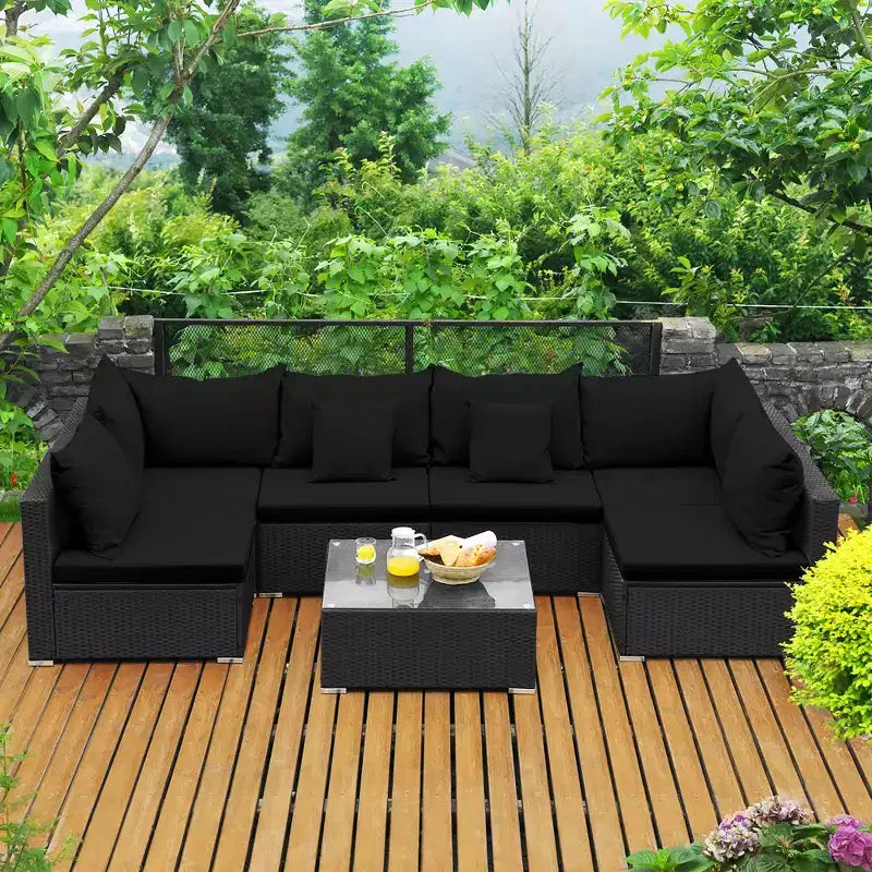 Costway Conjunto de Sofás de Ratán para Patio de 7 Piezas, Juego de Muebles Seccionales para Conversación de Jardín, Negro