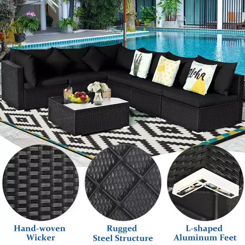 Costway Conjunto de Sofás de Ratán para Patio de 7 Piezas, Juego de Muebles Seccionales para Conversación de Jardín, Negro
